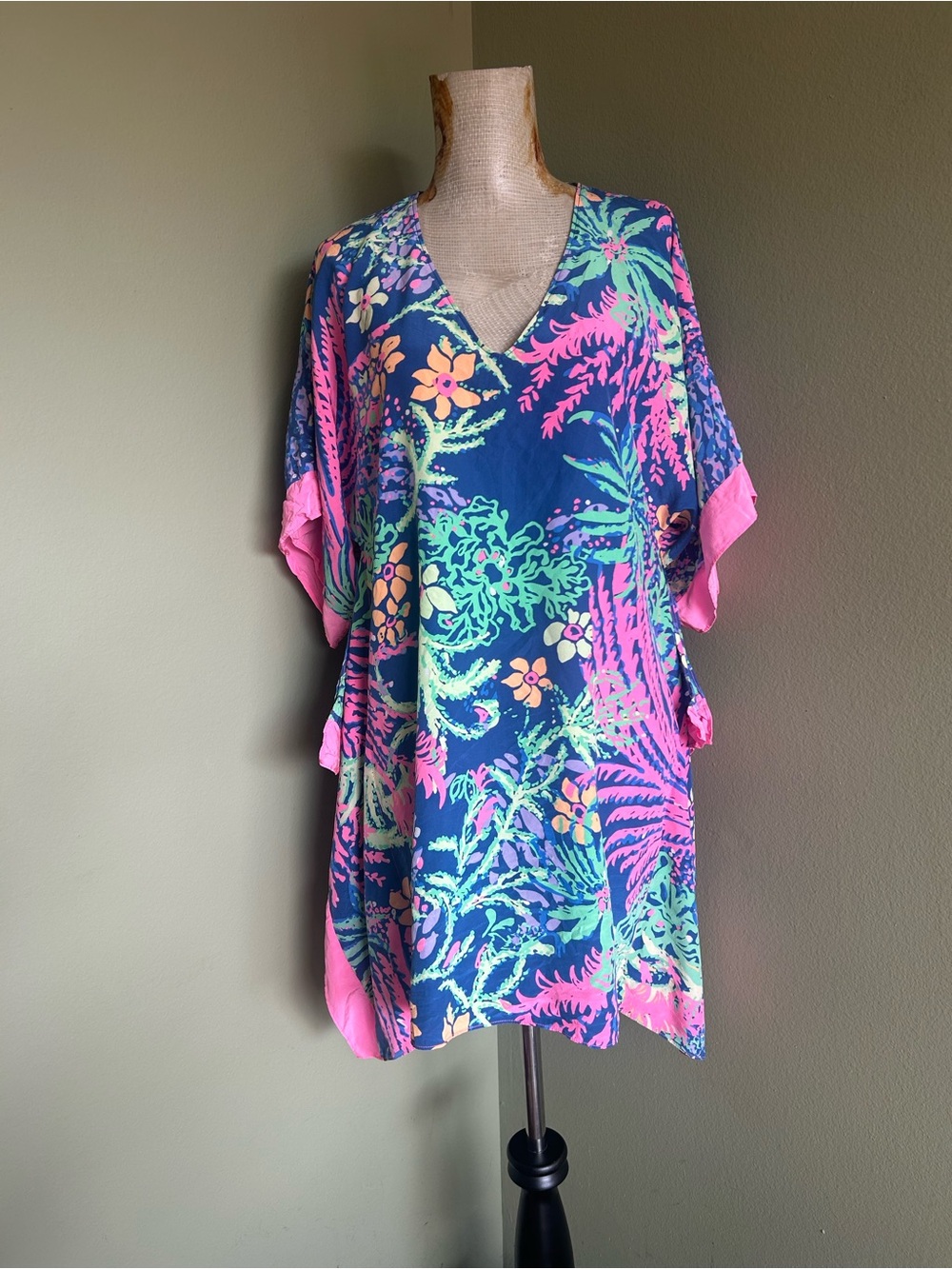 Lilly Pulitzer Silk Navy Floral V-Neck Tunic with Pink & Lime Swim Cover Up